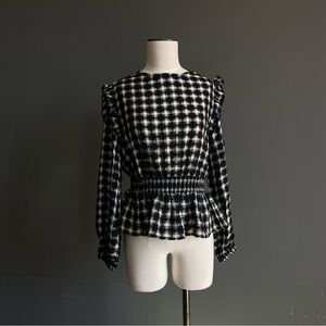 Gingham Smocked Peplum Blouse Romantic Ruffle Sleeve Cottagecore Top Prairie